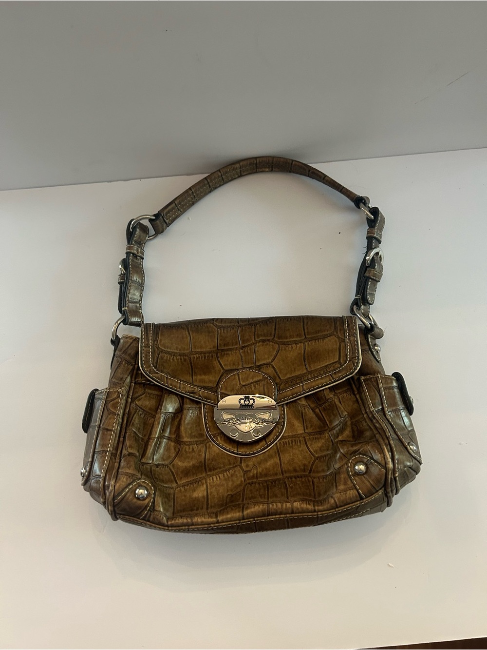 Kathy Van Zeeland Brown Croc-Embossed Shoulder Bag with Silver Turn-Lock